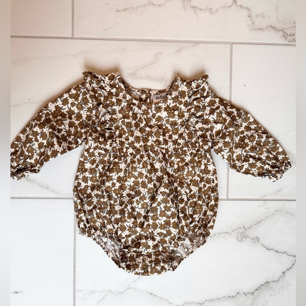 Floral Brown and White Baby Bubble Romper